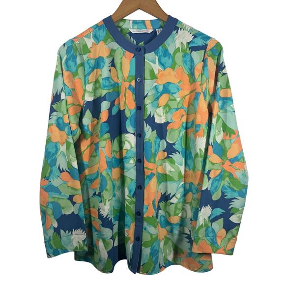 Isaac Mizrahi Live Top Women 6 NWOT Blue Button Up Floral Long Sleeve Modest - Picture 1 of 7